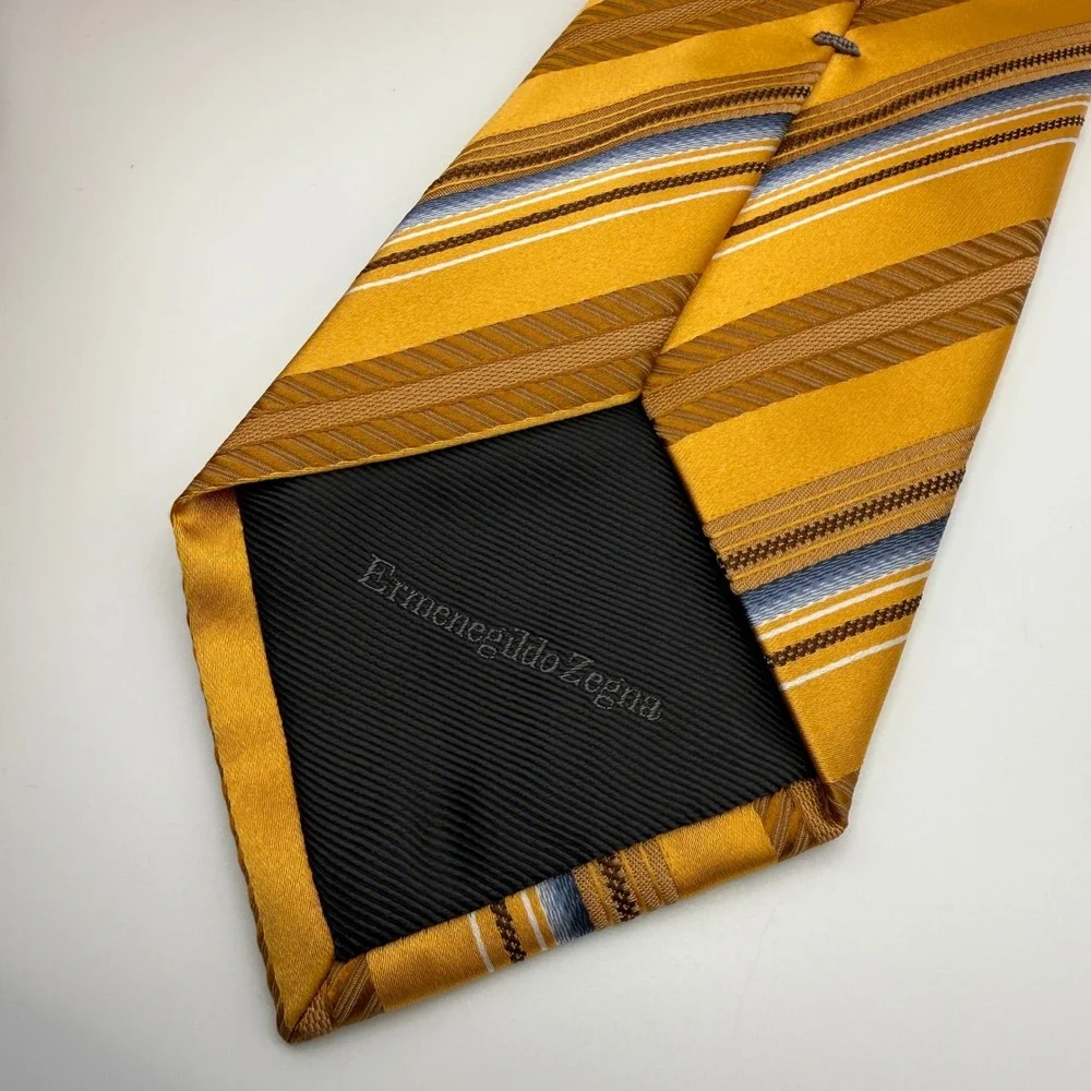 Ermenegildo Zegna Silk Tie‎ Mens OS Gold Blue Brown Striped Italy Luxury Necktie
